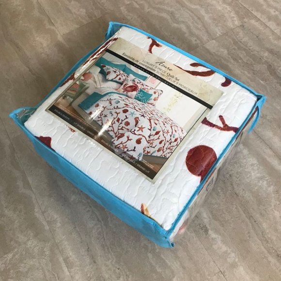 New Aqua Ocean Club 5-Piece Bedding Quilt Set • Reversible • Double-Queen (DQ) - Picture 3 of 5